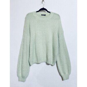 Nasty Gal Sweater Womens Large Puff Sleeve Fuzzy Crew Neck Pullover Boho Green